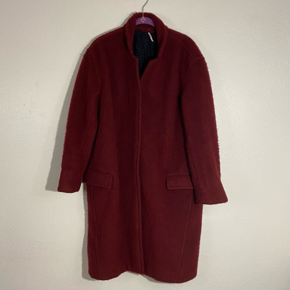 Free People Long & Lean Wool Blend Cocoon Overcoat Size S Burgundy Oversize